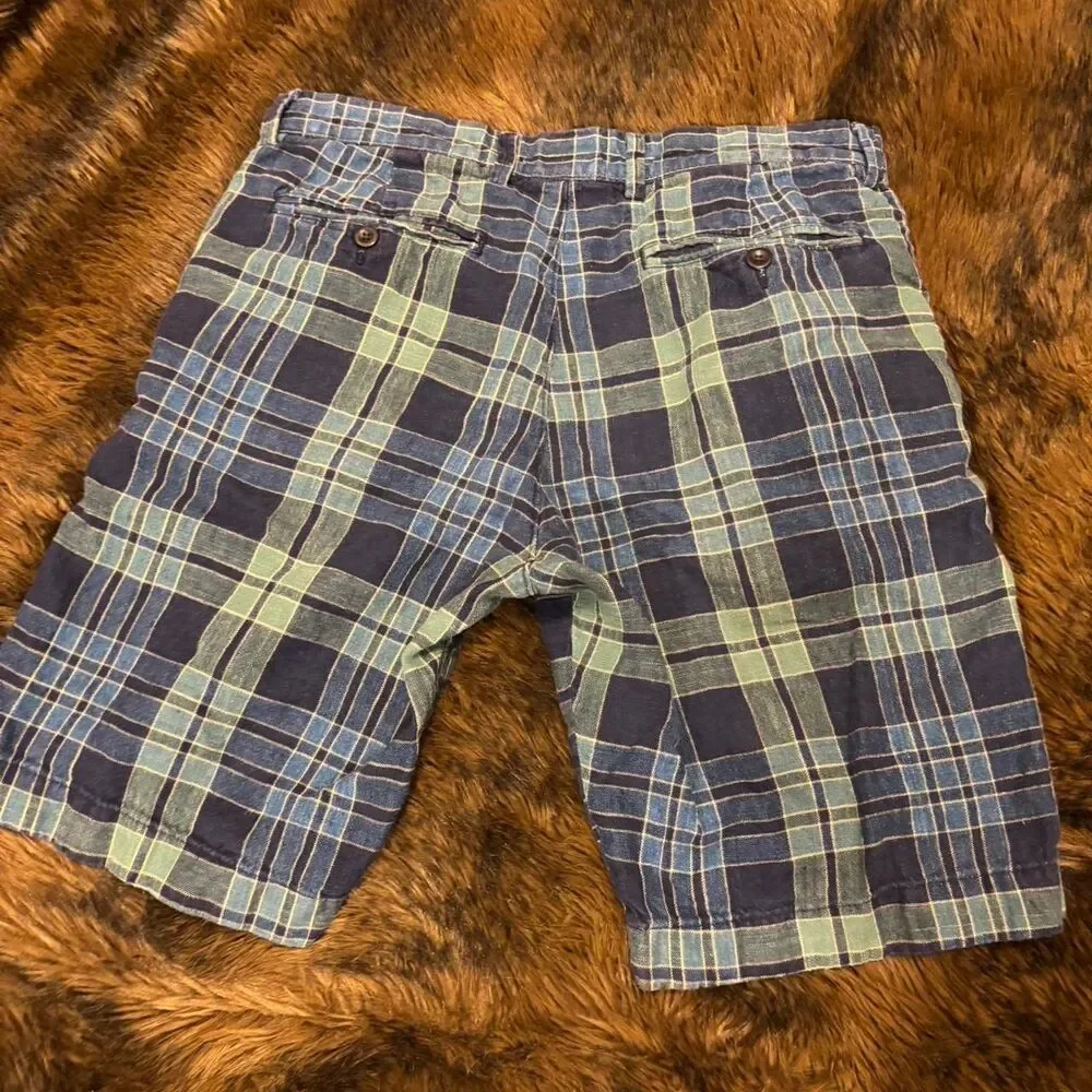 Vintage J.Crew Club chino shorts w/ a navy blue and green tartan plaid Size 31